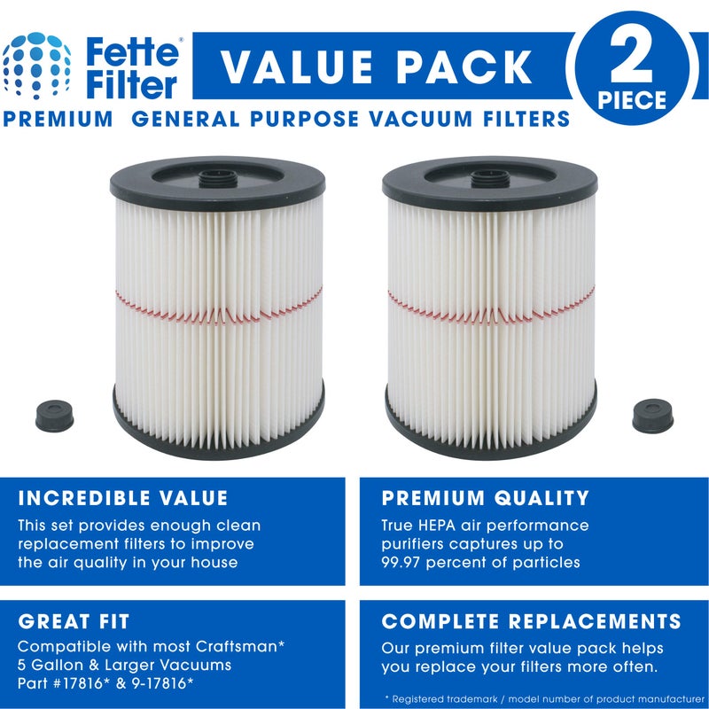 Fette Filter - Pack of 2 - General Purpose Cartridge Filter | Replacement Filter Compatible with Craftsman Red Stripe Vacuums - Compare to Part # 17816 9-17816 - Image 2